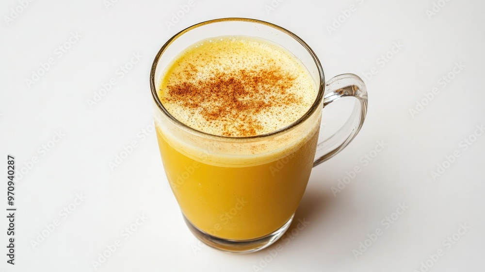 A glass of golden turmeric latte with a sprinkle of cinnamon on top, isolated on a white background A glass of golden turmeric latte with a sprinkle of cinnamon on top, isolated on a white background