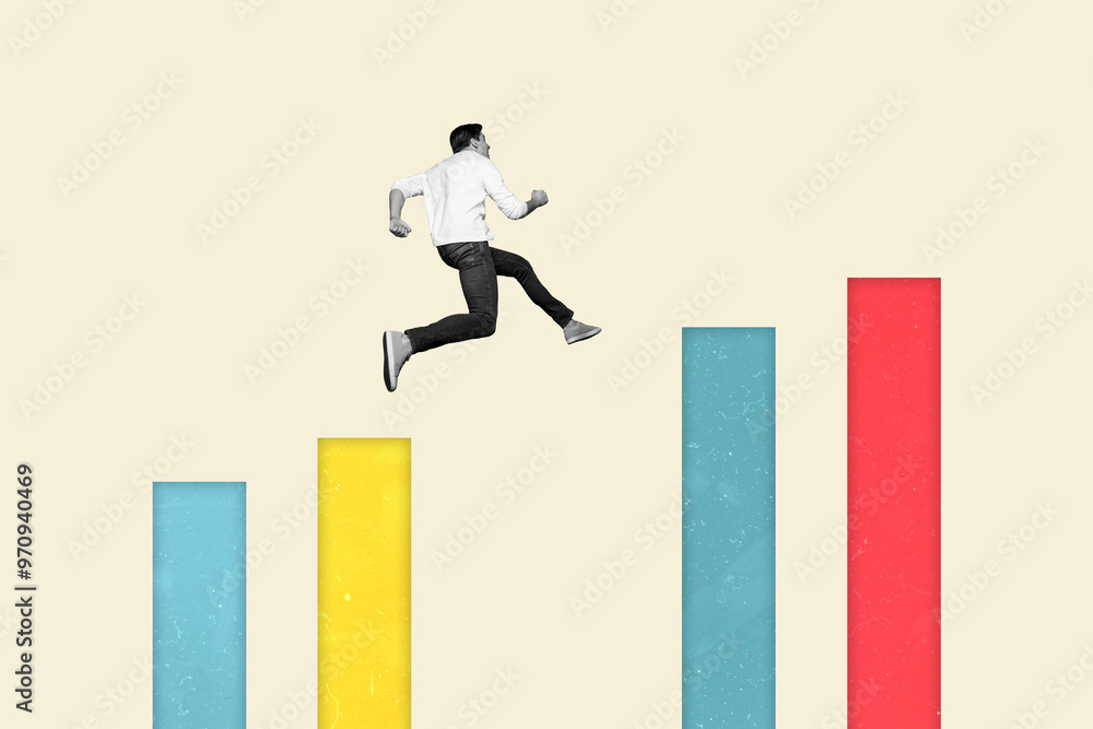 Composite artwork collage image picture of mini guy jump run climb stairs upwards isolated on creative background Composite artwork collage image picture of mini guy jump run climb stairs upwards isolated on creative background