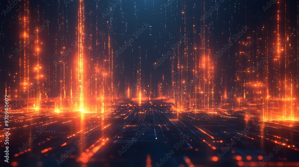 Futuristic digital landscape featuring glowing orange lines and particles creating an immersive technology background. Futuristic digital landscape featuring glowing orange lines and particles creating an immersive technology background.