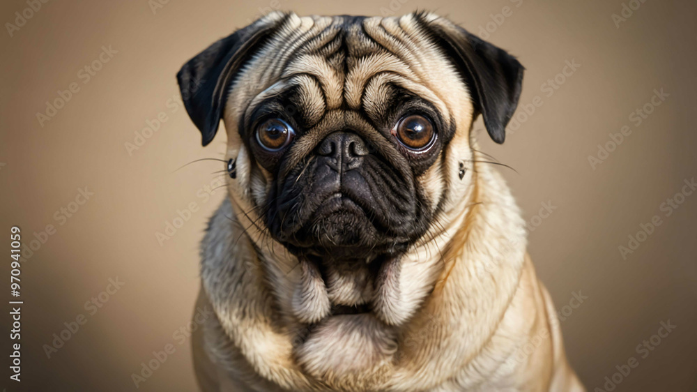 Pug closeup showing wrinkled face and round eyes with plain background Pug closeup showing wrinkled face and round eyes with plain background