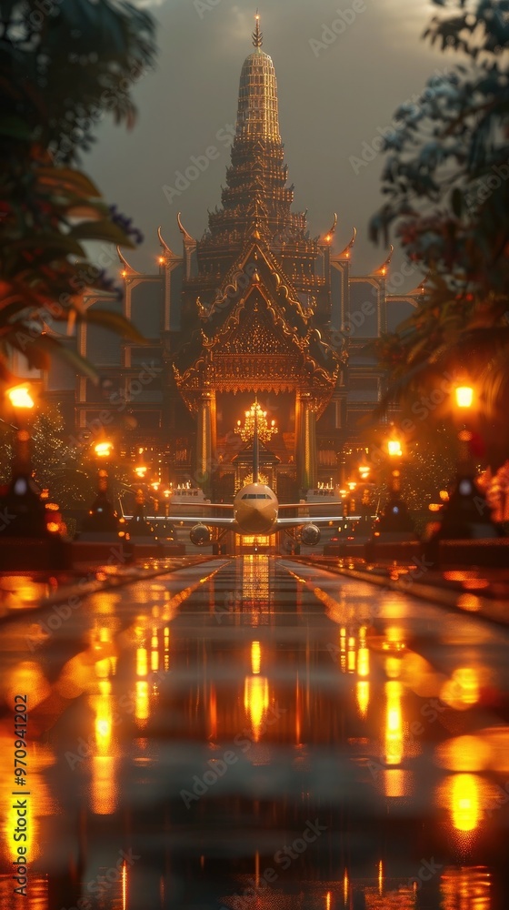 Majestic Buddhist temple with ornate architecture and intricate illuminated at dusk reflected in the serene waters of a river in Thailand The scene evokes a sense of spiritual contemplation Majestic Buddhist temple with ornate architecture and intricate illuminated at dusk reflected in the serene waters of a river in Thailand The scene evokes a sense of spiritual contemplation