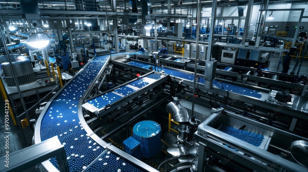 Modern factory production line with a long conveyor belt transporting blue items for efficient manufacturing processes. Modern factory production line with a long conveyor belt transporting blue items for efficient manufacturing processes.