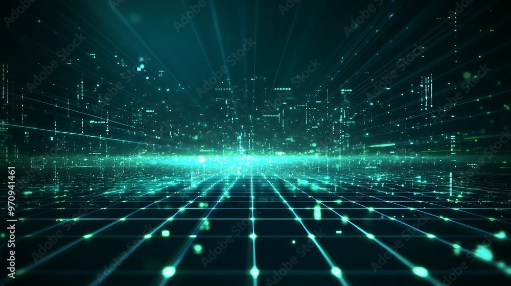 Futuristic digital landscape with glowing grid lines and vibrant particles, ideal for tech and abstract concepts.