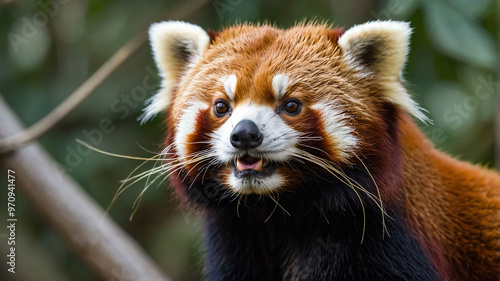 Red panda closeup showing fluffy tail and small face with plain background