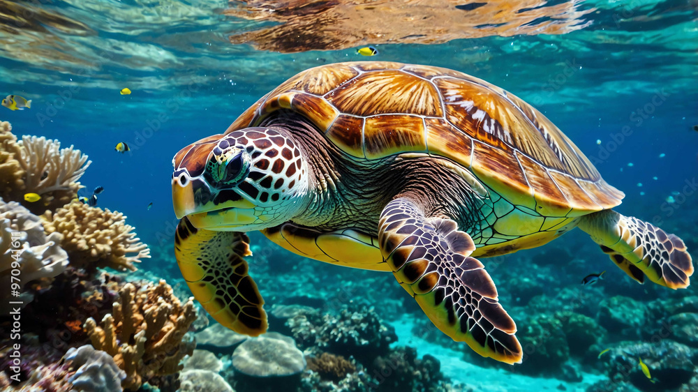 Fototapeta premium Sea turtle closeup swimming among coral reefs with colorful fish around