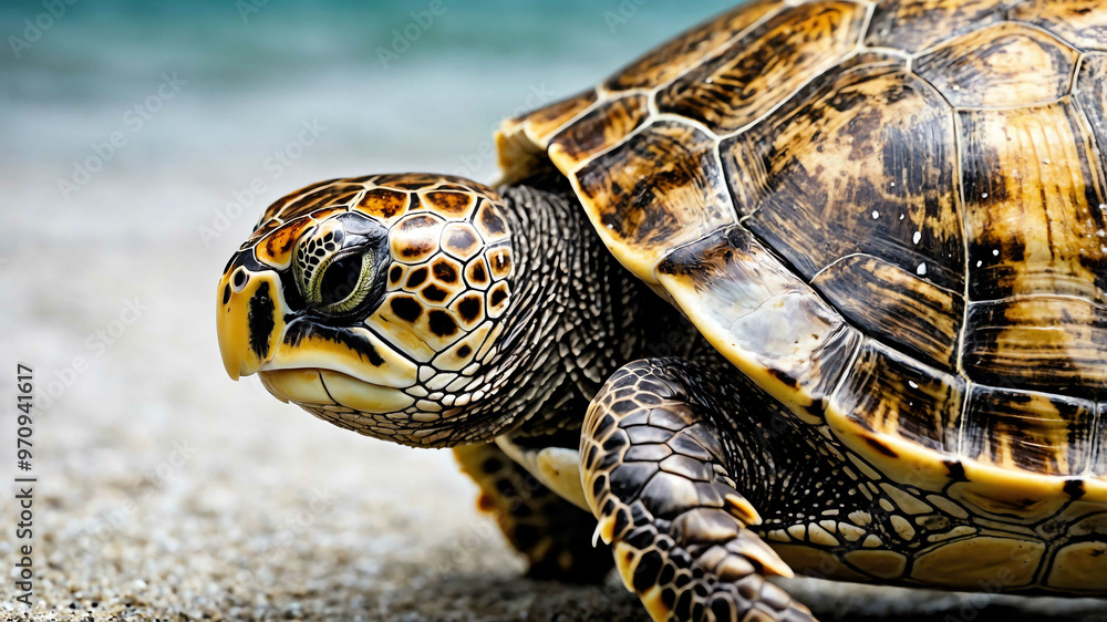 Sea turtle closeup of rough shell texture and calm eyes with plain background Sea turtle closeup of rough shell texture and calm eyes with plain background