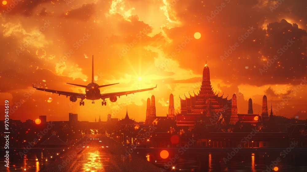 Naklejka premium Dramatic and fiery sunset creating a vibrant glow over the silhouetted skyline of an iconic ancient city with a passenger airplane flying in the foreground against the colorful sky