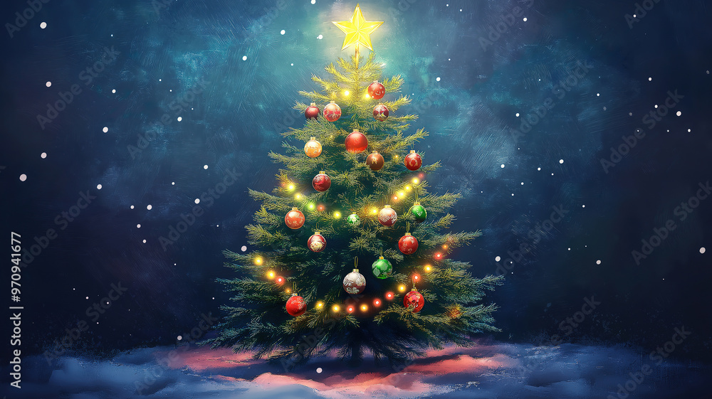 Fototapeta premium Festive Christmas Tree with Sparkling Lights and Colorful Decorations