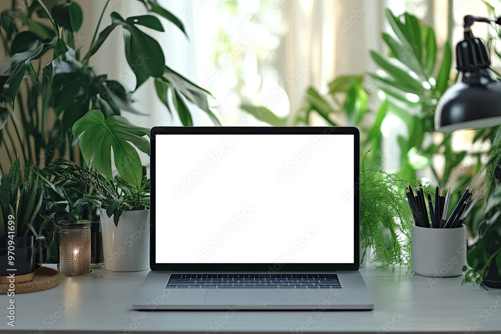 Modern office desk setup with laptop featuring a blank screen for mockup, accompanied by a green plant in a cozy environment. Created with AI. Modern office desk setup with laptop featuring a blank screen for mockup, accompanied by a green plant in a cozy environment. Created with AI.