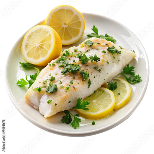 A plate of baked haddock with lemon and parsley isolated on transparent background.