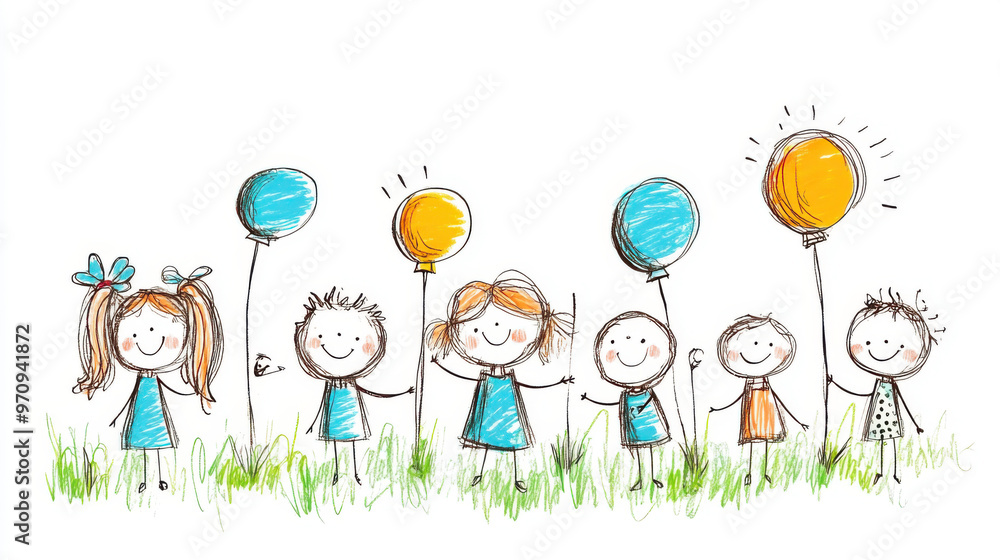 Joyful group of cartoon children holding colorful balloons in a grassy field, celebrating together at an outdoor party. Joyful group of cartoon children holding colorful balloons in a grassy field, celebrating together at an outdoor party.