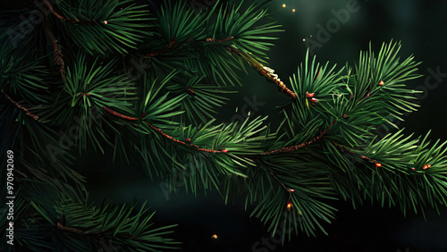 Dark Green Pine Fir Tree Branches Minimalistic Background, Forest Woods Christmas Backdrop