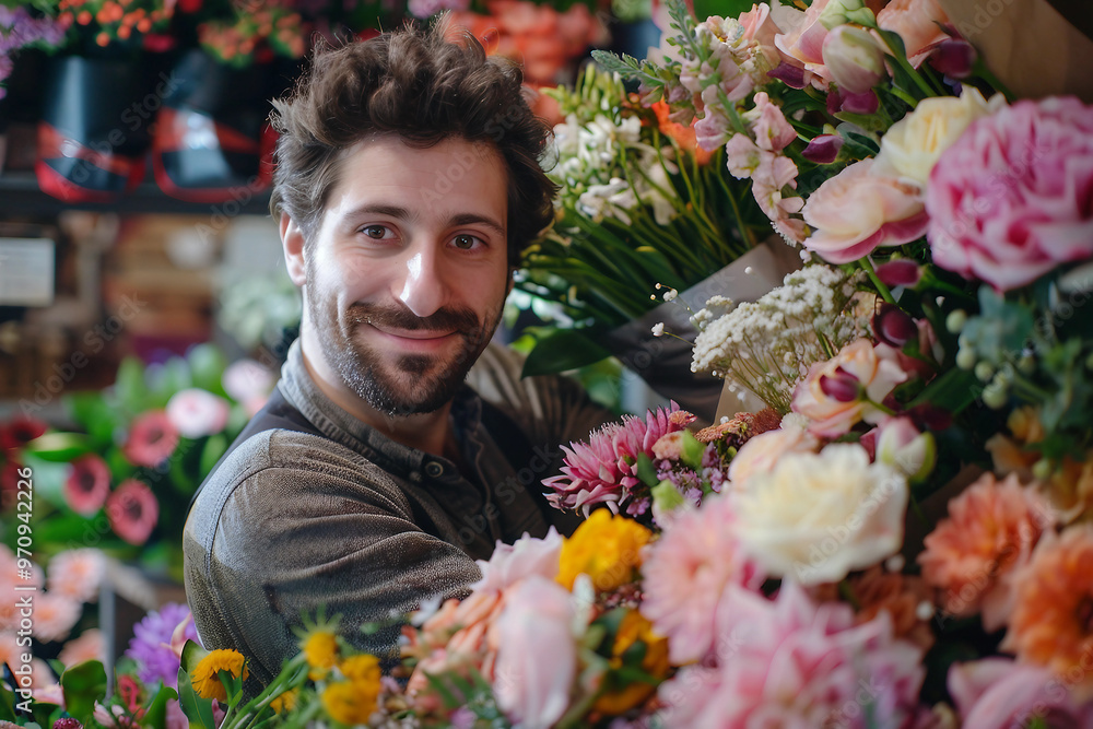 Beautiful scenic flower store shop with its owner nursing blossom arranging bouquet, Generative AI Beautiful scenic flower store shop with its owner nursing blossom arranging bouquet, Generative AI