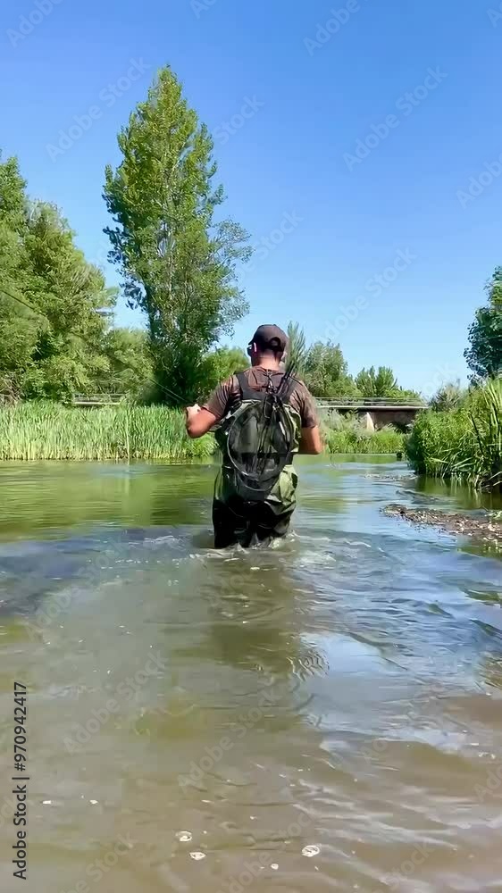 Video of a fisherman wading through river with rod and net on back Video of a fisherman wading through river with rod and net on back