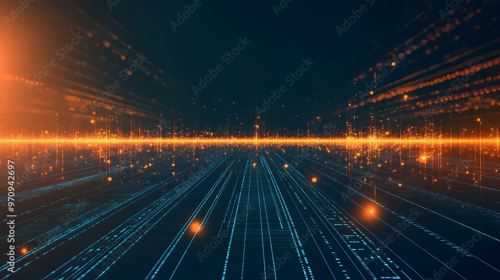 Obraz premium Futuristic digital landscape with glowing lines and particles. Ideal for technology, data, and innovation themes in creative projects.
