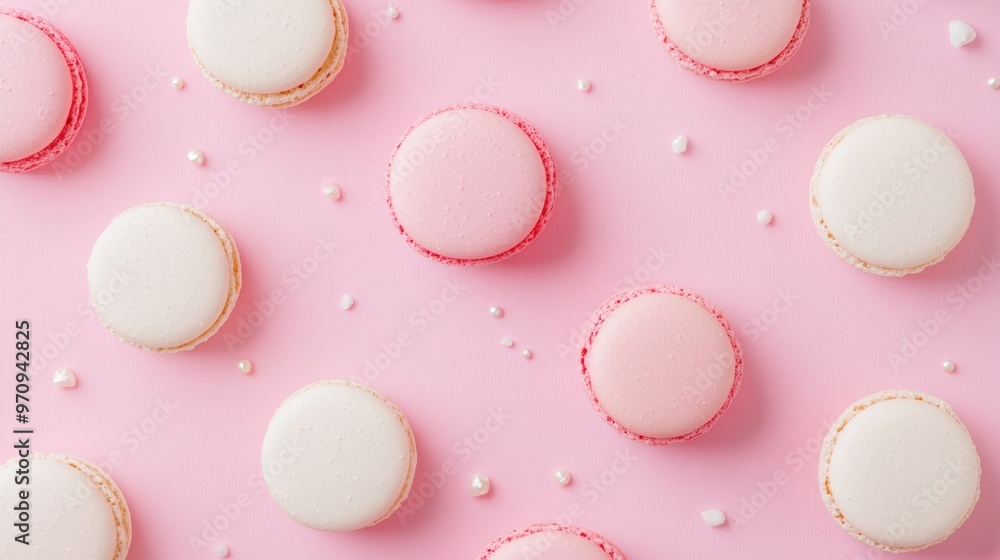 Mockup with cake macaron or macaroon on pink pastel background top view. Flat lay composition. Mockup with cake macaron or macaroon on pink pastel background top view. Flat lay composition.