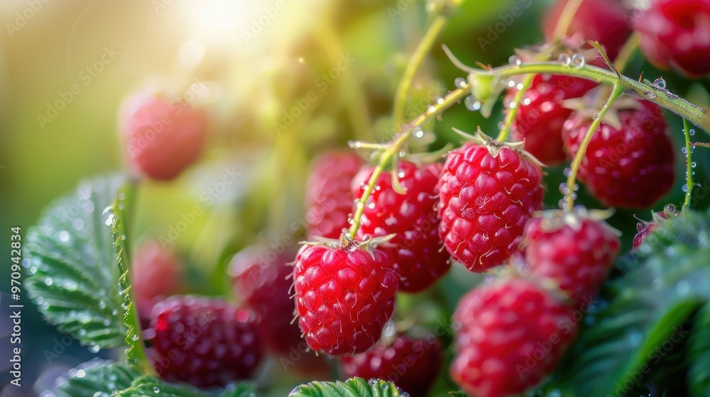 Closeup view of raspberry fruit on plant with leaf in plantation farm Closeup view of raspberry fruit on plant with leaf in plantation farm