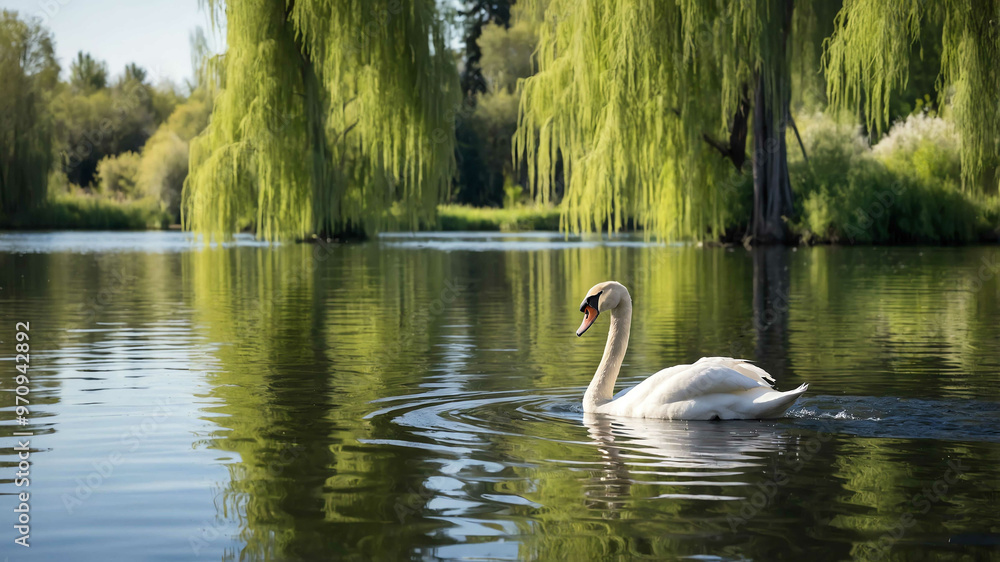 Swan closeup gliding on a peaceful lake with willow trees surrounding Swan closeup gliding on a peaceful lake with willow trees surrounding
