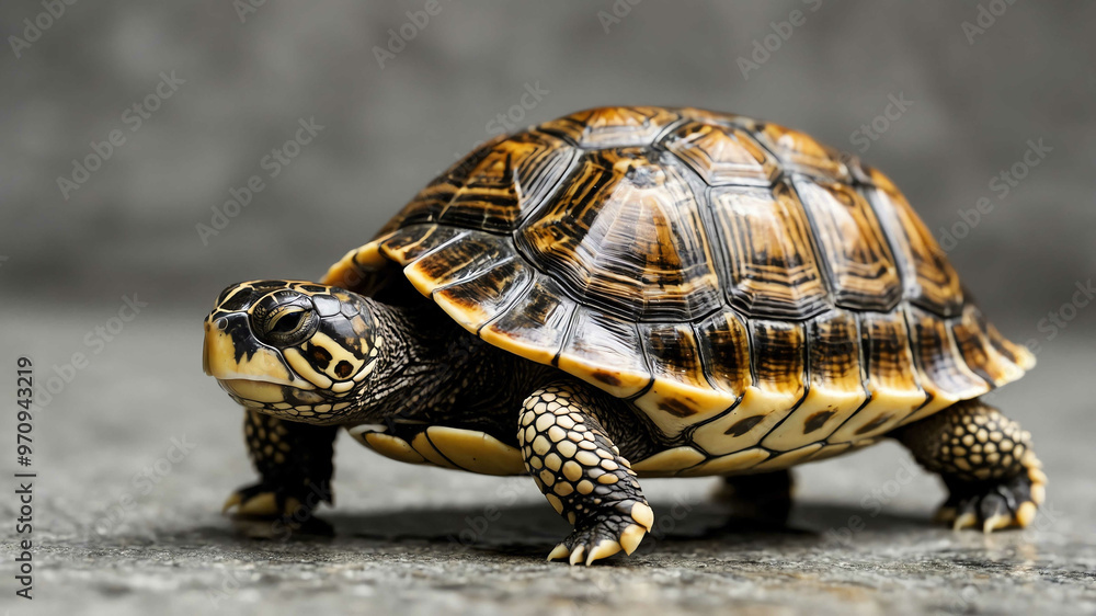 Fototapeta premium Turtle closeup of shell pattern and small head with plain background