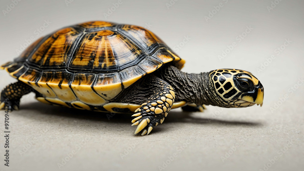 Obraz premium Turtle closeup of shell pattern and small head with plain background