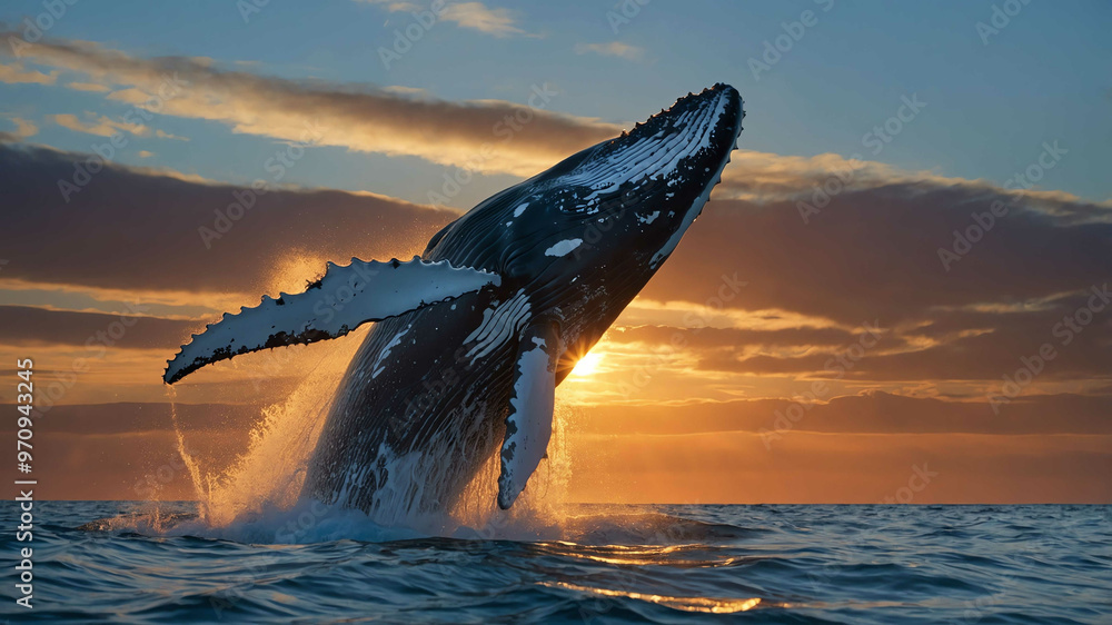 Fototapeta premium Whale closeup breaching in the ocean with a sunset sky behind
