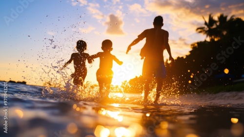 A joyful family playing in the sea at sunset, capturing the essence of summer and togetherness against a vibrant backdrop.