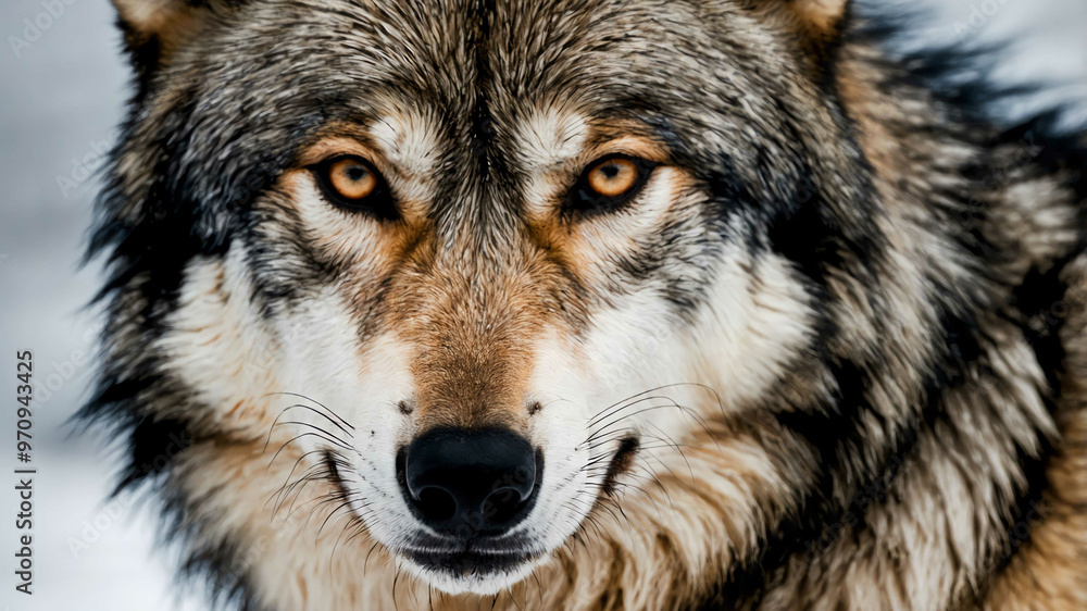 Fototapeta premium Wolf closeup of fur and alert eyes with plain background