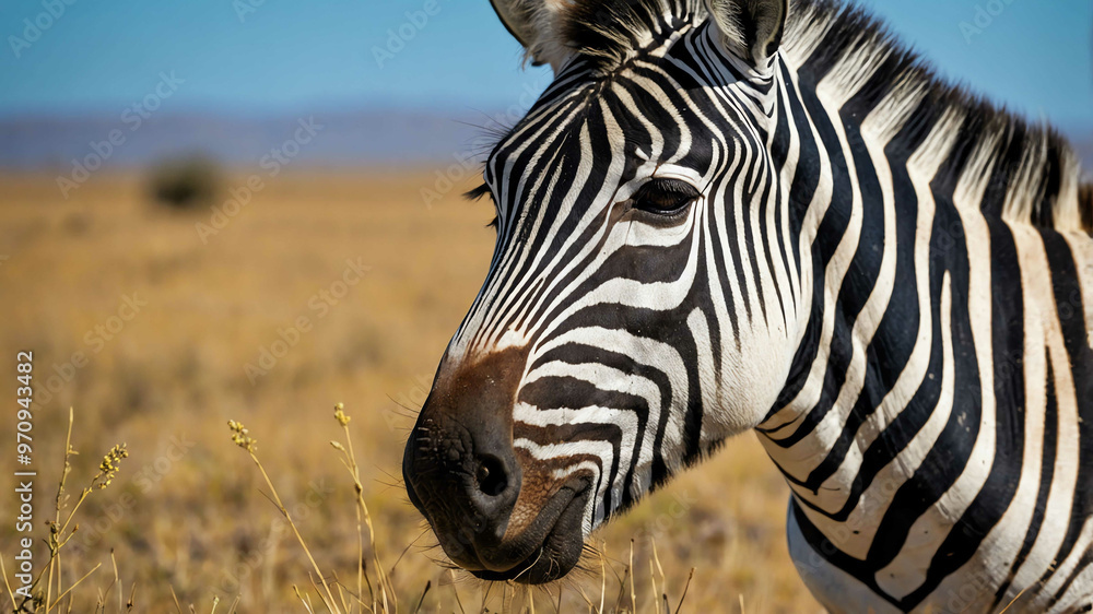 Naklejka premium Zebra closeup grazing in an open savannah under a clear blue sky