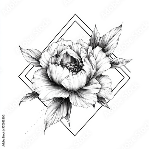 A black and white illustration of a peony flower with geometric details.