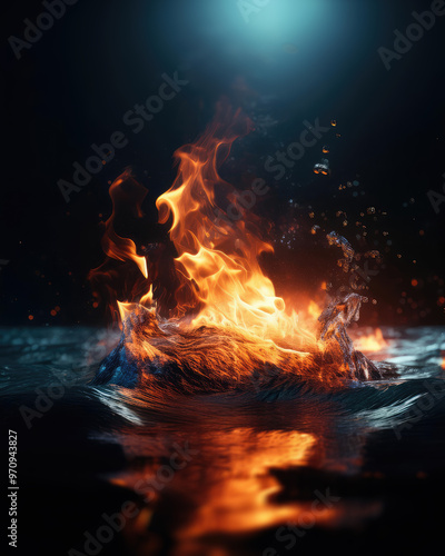 Fiery flames clash with surging water in a dynamic battle of elements. photo