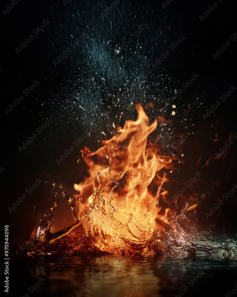 Fototapeta premium Fiery flames clash with surging water in a dynamic battle of elements.