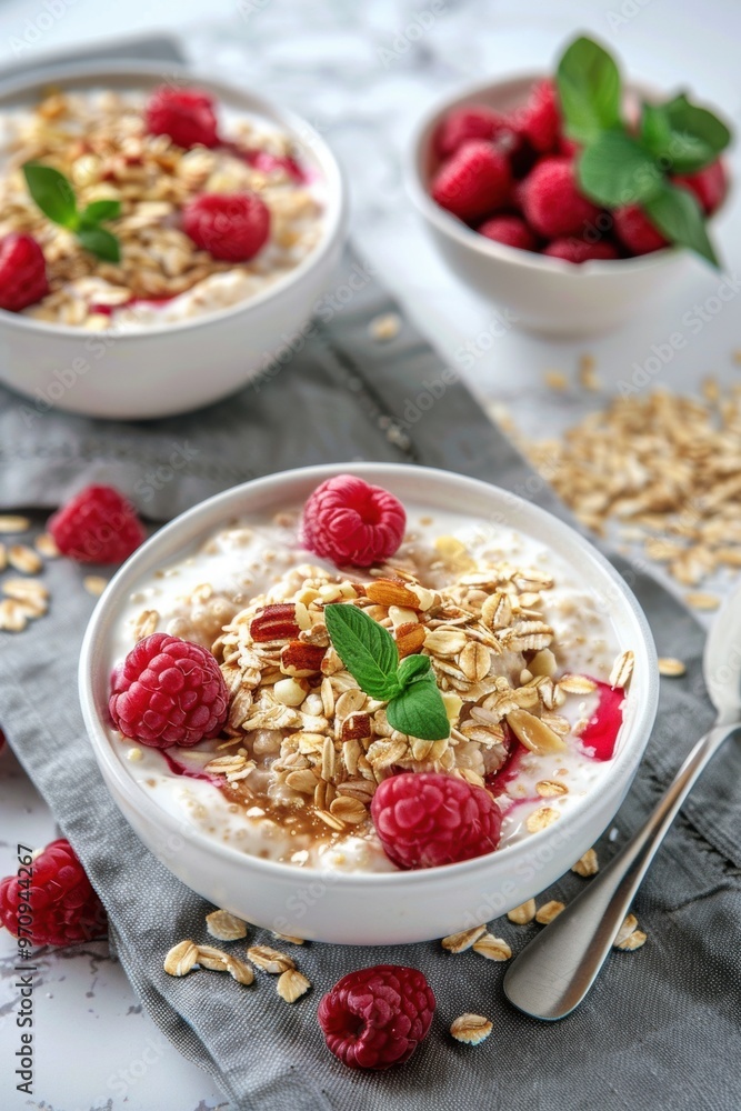 Breakfast cereal with milk yogurt and raspberry Breakfast cereal with milk yogurt and raspberry