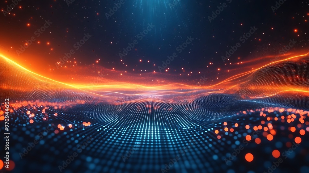 Fototapeta premium Vibrant abstract landscape of glowing lines and digital particles, creating a mesmerizing atmosphere of technology and innovation.