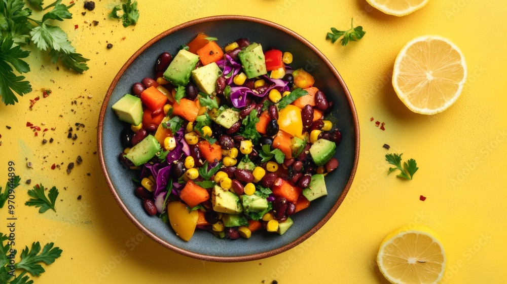 Homemade bean salad with carrots avocado Purple cabbage peppercorn and olive oil and lemon juice on colorful background. Vegan food.Healthy food concept Homemade bean salad with carrots avocado Purple cabbage peppercorn and olive oil and lemon juice on colorful background. Vegan food.Healthy food concept