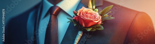 A close-up of a formal suit with a colorful rose boutonniere, perfect for weddings, proms, or special gatherings.