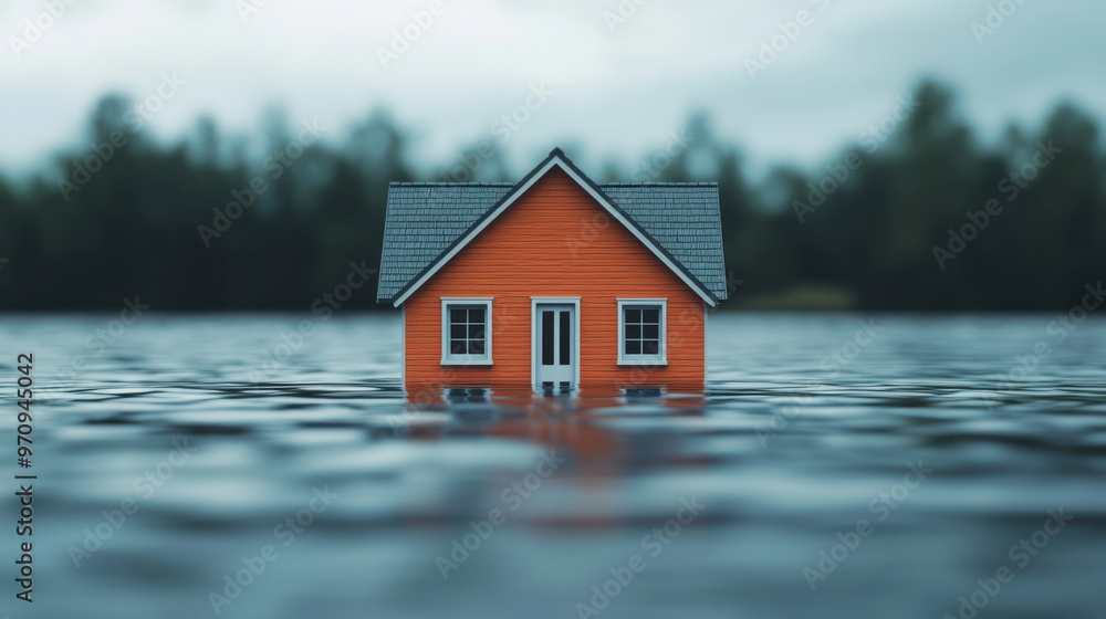 Miniature orange house partially submerged in water, representing flood preparedness and risk management Miniature orange house partially submerged in water, representing flood preparedness and risk management