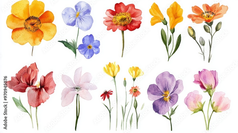 High-quality set of various watercolor flowers High-quality set of various watercolor flowers