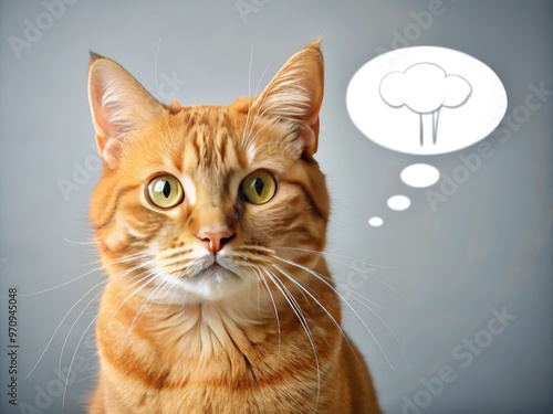 A bright orange tabby cat with a sarcastic expression thoughtfully ponders its next meal in a colorful, whimsical illustration with a blank speech bubble. photo