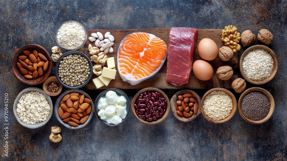 High protein food for body builders as meat fish dairy eggs buckwheat oatmeal nuts bean pumpkin seed and sunflower seed. Top view. High protein food for body builders as meat fish dairy eggs buckwheat oatmeal nuts bean pumpkin seed and sunflower seed. Top view.