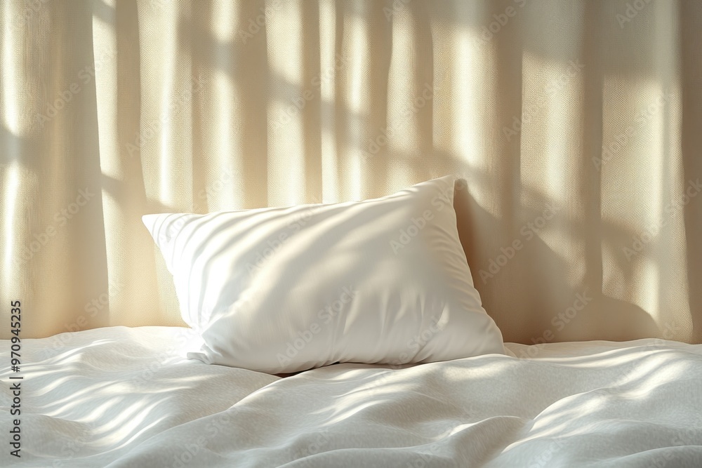 A serene and cozy bedroom scene featuring a white pillow on a soft bed, illuminated by gentle natural light. A serene and cozy bedroom scene featuring a white pillow on a soft bed, illuminated by gentle natural light.