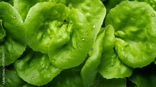 Green lettuce salad leaves and water drops close up image. Neural network ai generated art