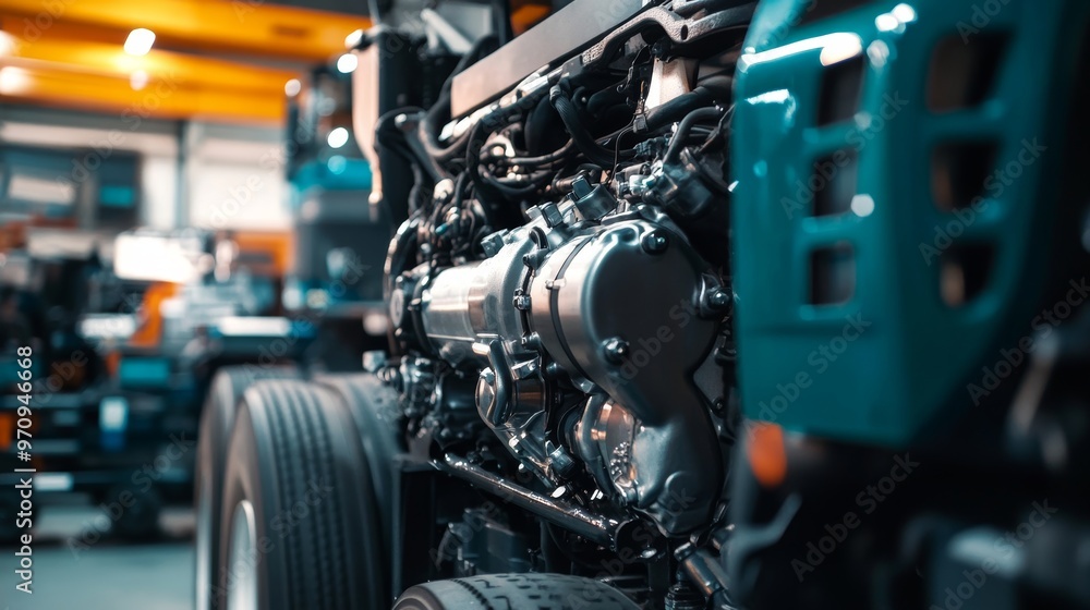 Truck tractor engine opening for maintenance servicing. Diesel truck engine. Auto Service Shop Truck tractor engine opening for maintenance servicing. Diesel truck engine. Auto Service Shop
