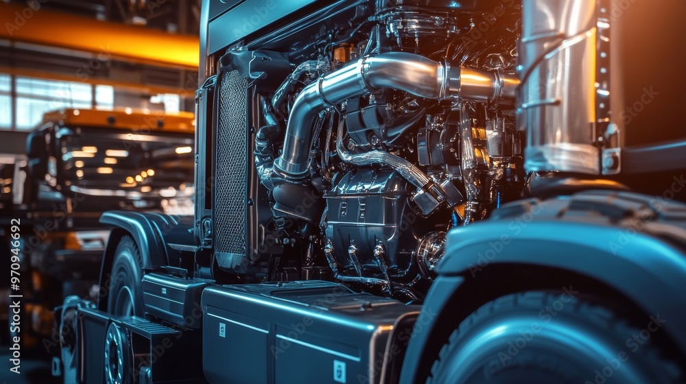 Fototapeta premium Truck tractor engine opening for maintenance servicing. Diesel truck engine. Auto Service Shop