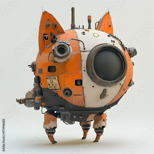 Vintage Robotic Feline with Pastel Orange Accents and Mechanical Frame