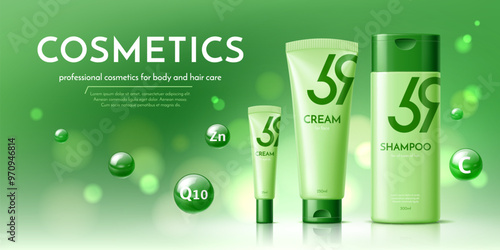 Cosmetic product templates. Shampoo bottle and cream tube package. Vector green cosmetics ad showcases professional production for body and hair care, including face and eyelid cream with q10 and zinc