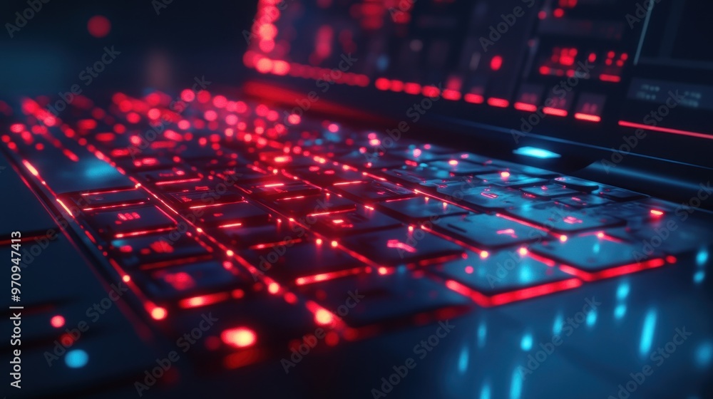 Close-up of a Laptop Keyboard with Red and Blue Backlighting Close-up of a Laptop Keyboard with Red and Blue Backlighting