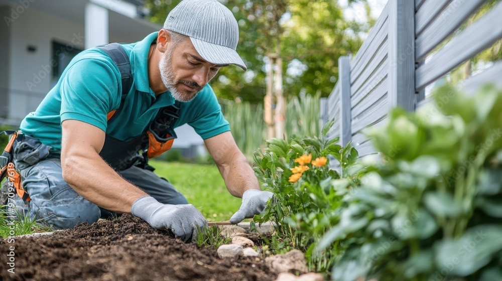 Fototapeta premium A focused gardener is planting flowers in a garden bed, dressed in work attire with gloves and a cap, ensuring the new plants flourish in the spring season, showcasing dedication and nature.