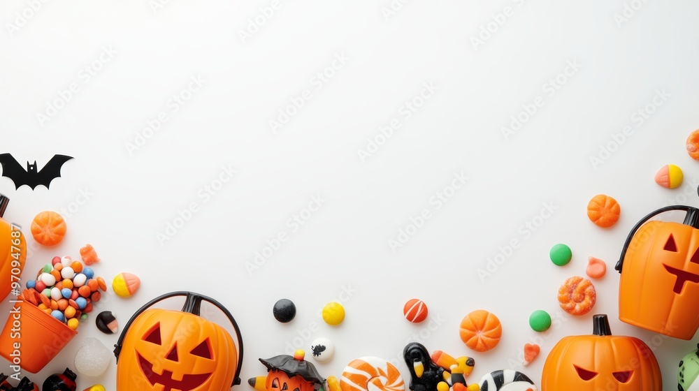 Halloween trick or treat bottom border with jack o lantern pails and a ...
