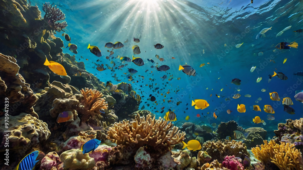 Fototapeta premium A vibrant underwater scene with colorful coral reefs, schools of tropical fish swimming 