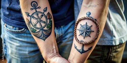 A close-up shot of a father and son's arms, showcasing matching tattoos of a symbolic anchor, rope, and compass, conveying a strong bond and family legacy. photo